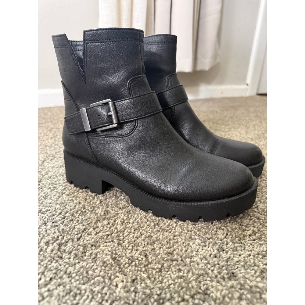 Zodiac Moto Ankle Boots Women Size 8 Black Lug Sole Buckle Side Zip Edgy Miller